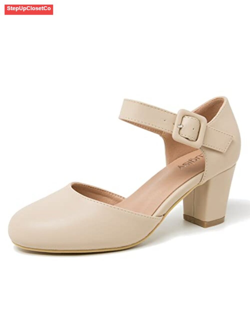 Ankle Strap Pumps Closed Toe Buckle Block Heel D'Orsay Comfort Heels